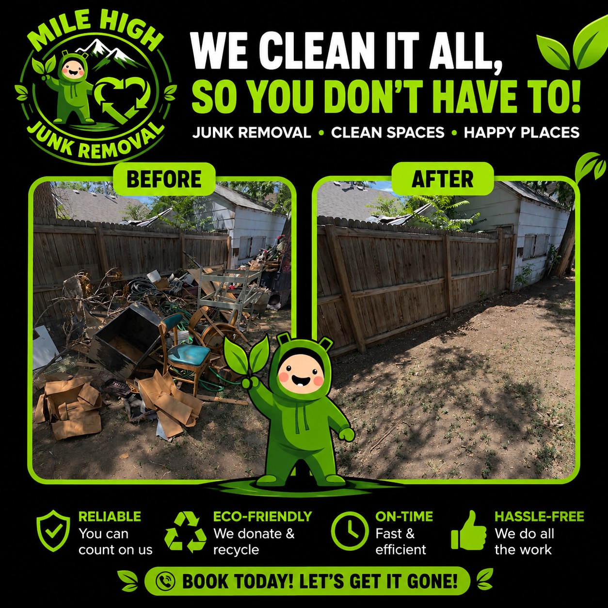 Mile High Junk Removal before and after backyard cleanout