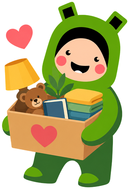 Mile High Junk Removal mascot holding a donation box packed with a lamp, a teddy bear, a plant, books, and folded towels