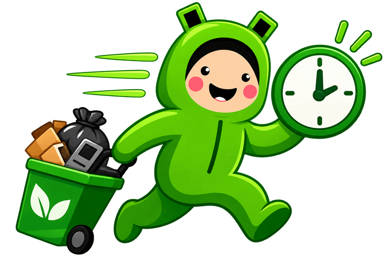 Mascot running with a full bin and a clock